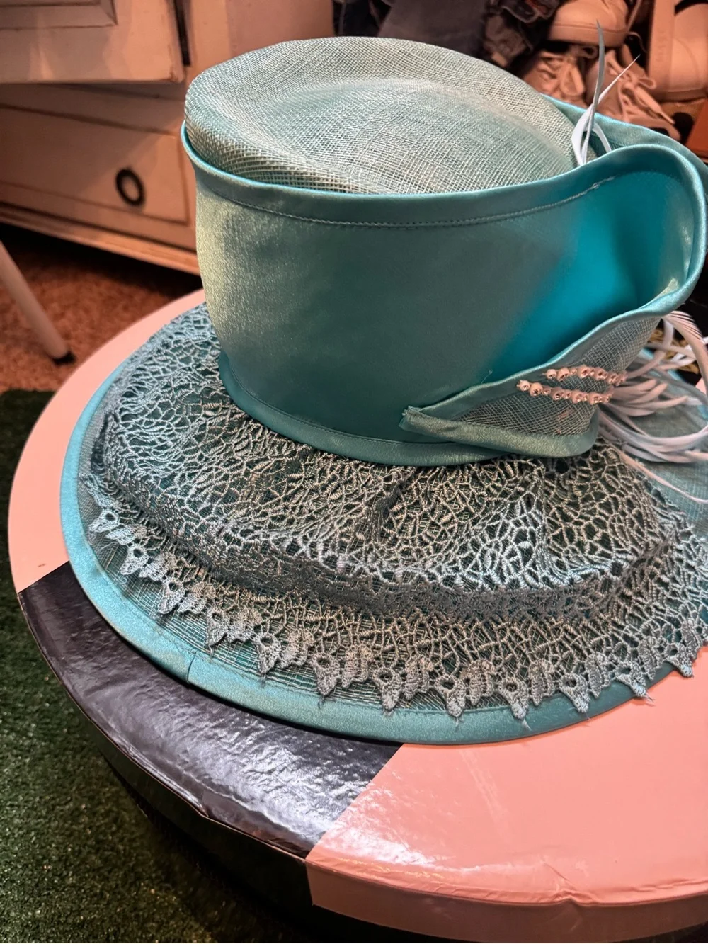 Champagne Italy Aqua Women's Dress Hat with Decorative Trim and box